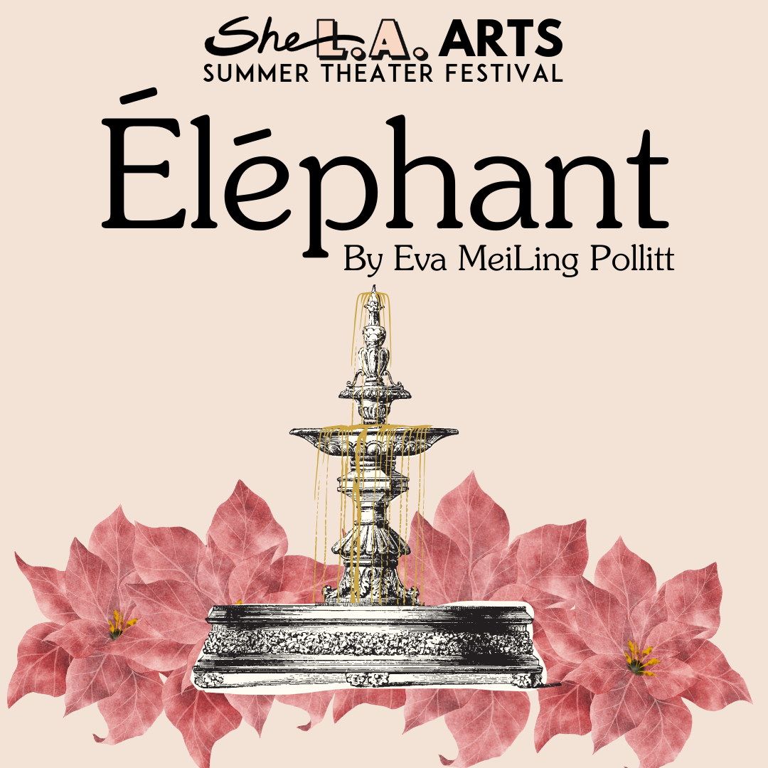 A light pink graphic featuring a fountain with gold water in front of a backdrop of poinsettias reads "Elephant by Eva MeiLing Pollitt".