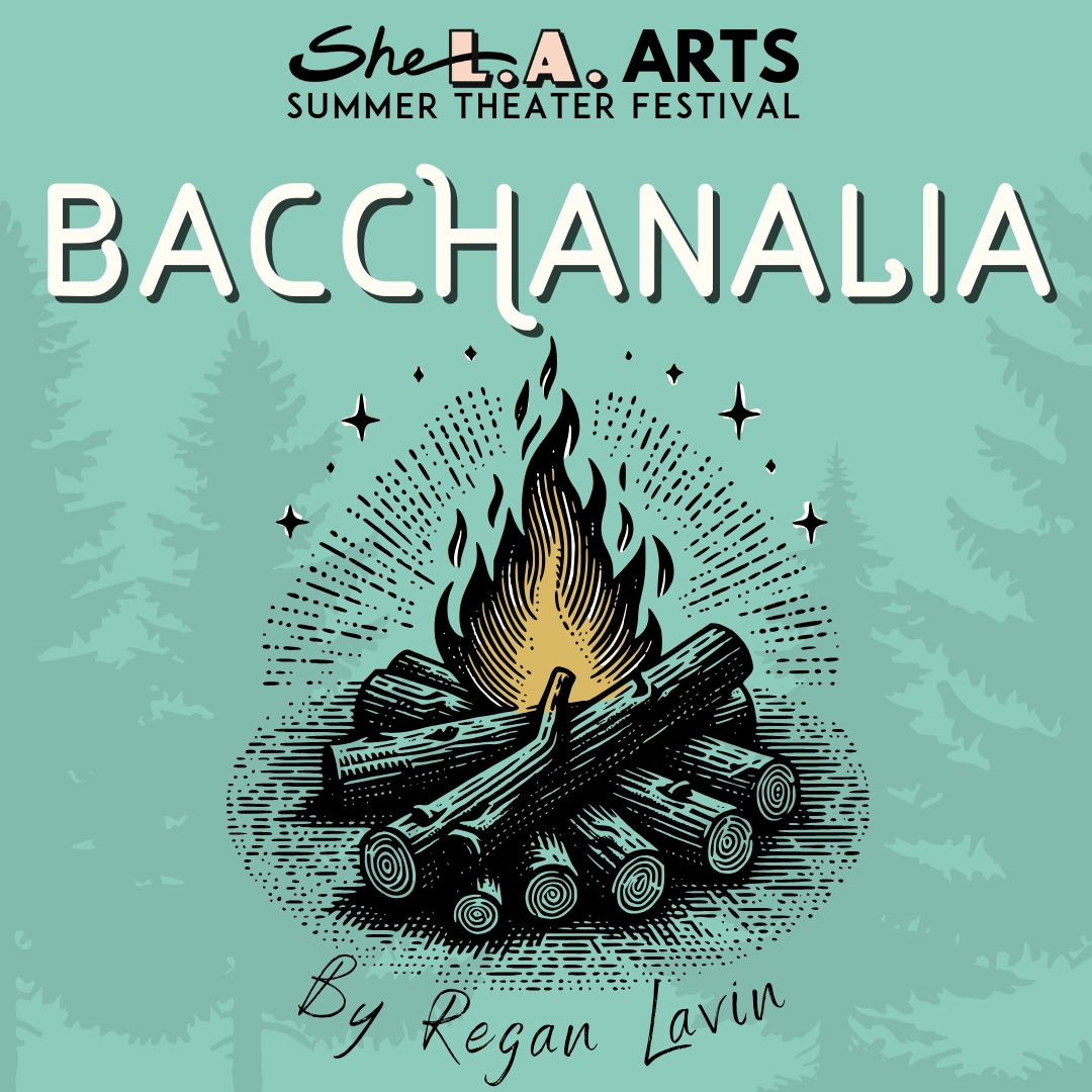 A teal graphic with a campfire against a backdrop of pine trees reads "Bacchanalia by Regan Lavin".