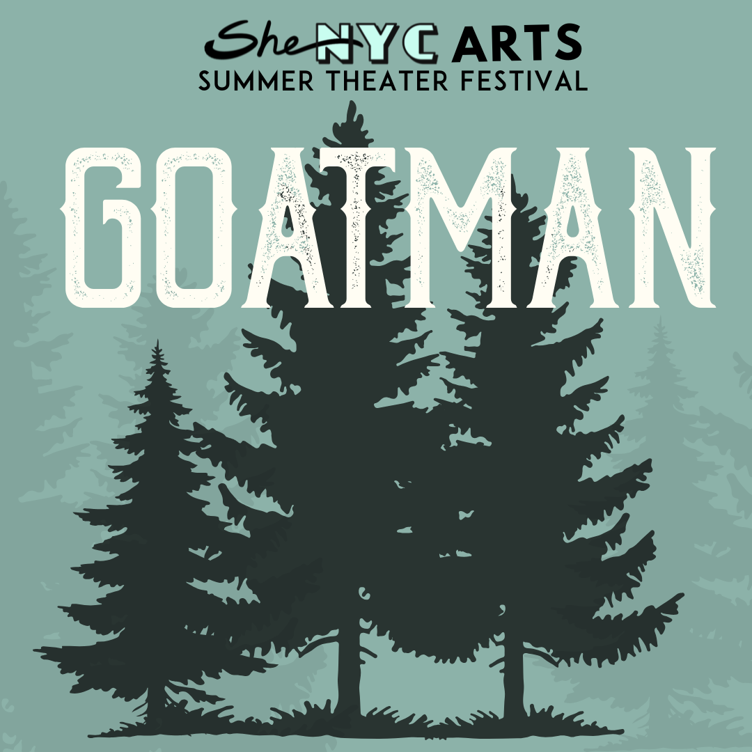 A teal graphic with shadows of pine trees reads "GOATMAN".