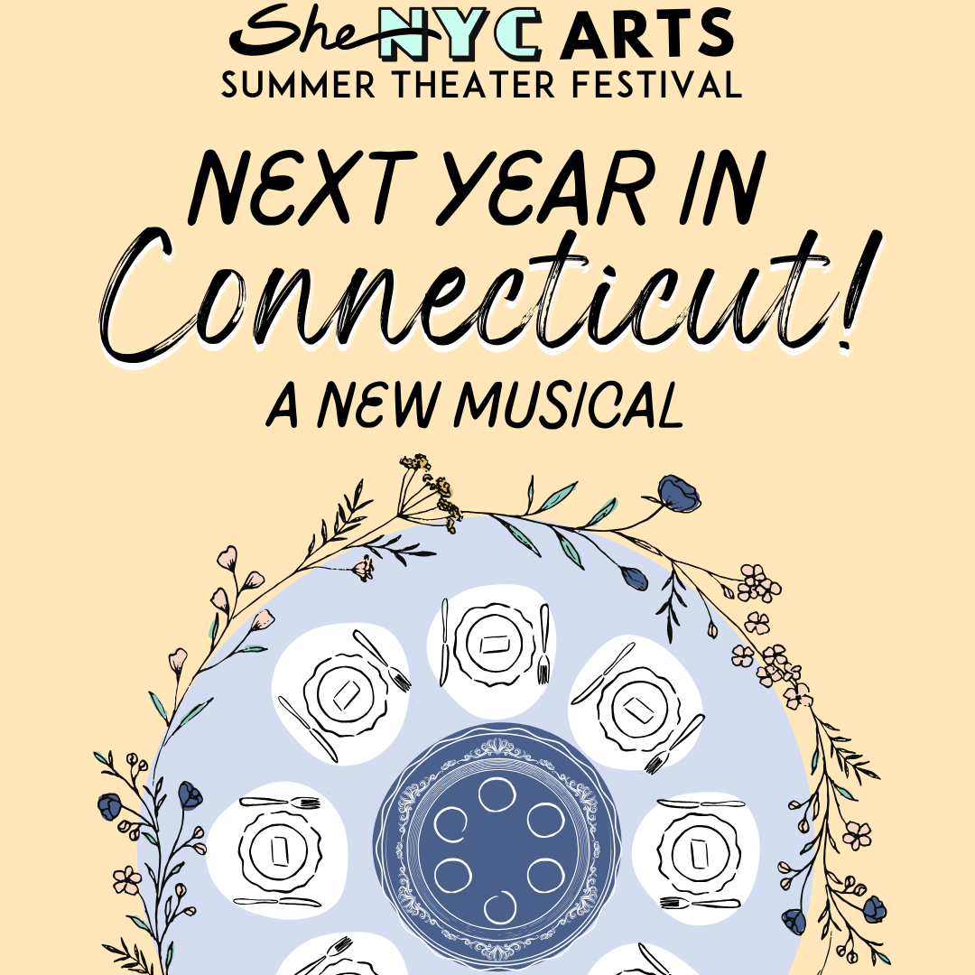A blue dinner table set for passover seder under the title "Next Year in Connecticut!".